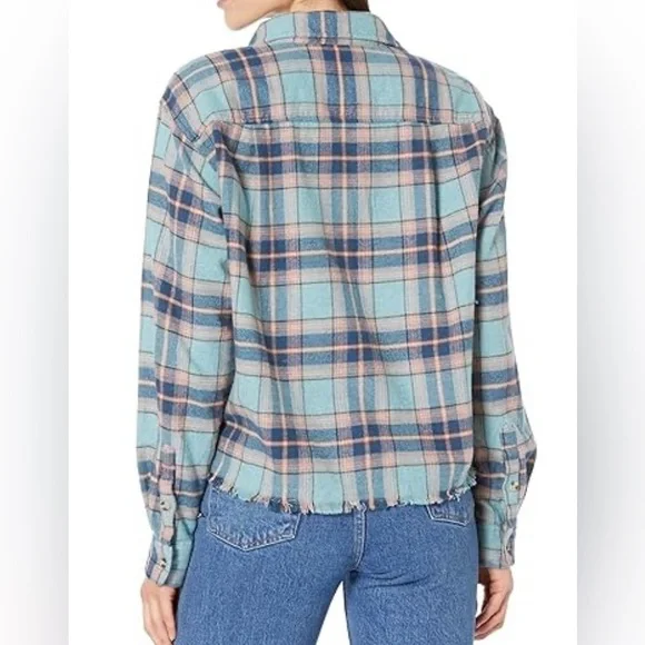 Lucky Brand Blue and Pink Plaid Cropped Button-Down Shirt - Picture 3 of 9